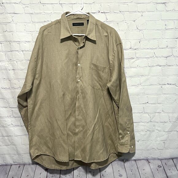 Preswick & Moore Button Up Dress Shirt Mens Sz XL Khaki Linen Blend Corp Church - Picture 1 of 9